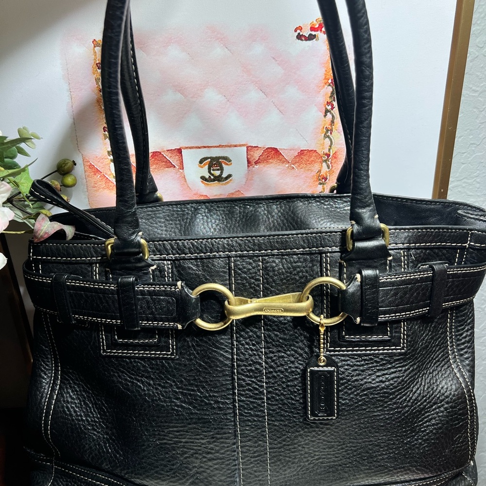 Coach Hampton VTG Black Pebbled Leather Shoulder Bag  brass hardware GUC - Picture 3 of 13